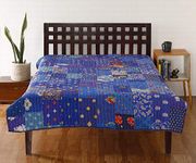 Ravaiyaa - Attitude is everything Single Silk Khambadiya Blanket Bedspread Coverlet Hand Kantha Quilt Bedding Comforter Gudri 85" X 60" Inch (Blue)