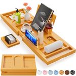 Yirilan Bamboo Bathtub Tray with Phone, Wine, Candle Holder, Removable Trays, Tablet/Book Holder, Soap Holder