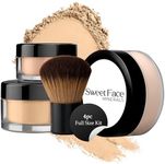 4pc FULL SIZE KIT w/KABUKI Mineral Makeup Matte Loose Powder Bare Face Cosmetics Full Coverage Long Lasting All Skin Types SPF 18 (WARM Neutral Shade-Most Popular)
