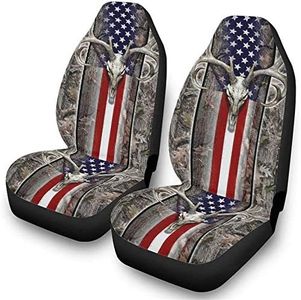 ELEQIN 2 Piece Durable Car Seat Covers Set American Flag Wood Deer Skull Oak Camo High Bucket Seat Covers Fit for SUV Truck Sedan One_Size