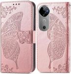 ClickCase Butterfly Series for vivo V40 5G Leather Embossing Wallet Flip Case Kick Stand Magnetic Closure Flip Cover for vivo V40 5G (Rose Gold)