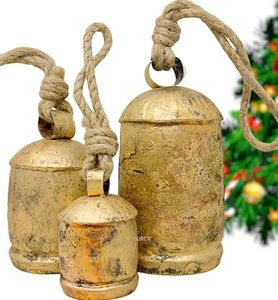 Set of 3 Large Christmas Bells Vintage Rustic Country Cowbells Decor Giant Harmony Metal Reindeer Decorative Hanging Bells for Wreath Ornaments XL Tibetan