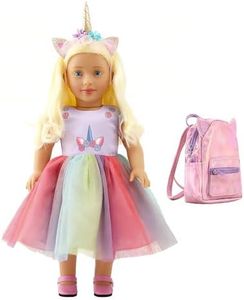 DOLLFUN 18 inch Doll Clothes and Accessories, Unicorn Dress Set Includes Shoes, Unicorn Headbands & Backpack(Compatibie with Most 18 Inch Doll)