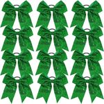 Jeffan 12 Pcs Large Glitter Cheer Bows (Green) - 8" Big Hair Bows for Sports Cheerleaders Accessories, Girls, Teens Women, 12 Count