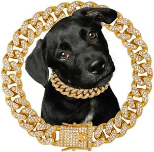 Dog Chain Diamond Collar 18K Gold Plated Walking Metal Chain 12 mm Wide Necklace with Secure Buckle Pet Cuban Style Collar Jewelry Accessories for Small Medium Large Dog Cats (14inch, Gold)