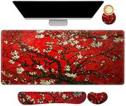 ARTSO Large Gaming Mouse Pad, Keyboard Wrist Rest Pad & Wrist Support Mousepad Set, Stitched Edge, Extended, Non-Slip Base, Memory Foam Desk Mat 4pcs for Office & Home, Red Van Gogh Painting