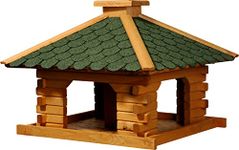 dobar 45320e Rustic Bird Feeder in Log House Style with Green Bitumen Roof, Bird House with Integrated Feeding Silo, Pine, XL, Green