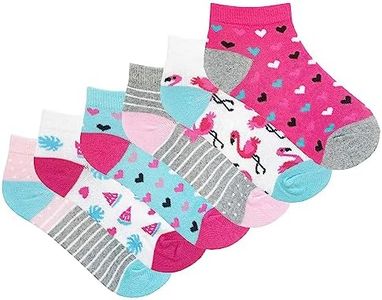 Girls Socks 6 Pack Trainer Liners Cotton Rich Coloured Fun Design Ankle Summer Socks, Flamingo, 5-6.5 US