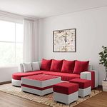 Torque - Christie L Shape 8 Seater Sectional Fabric Sofa Set with Center Table and 2 Puffy (Left Side, Red) | Living Room, Bedroom, Office Furniture | 3 Year Warranty