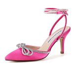 Elegantpark HC2302 Hot Pink Heels for Women Pointed Toe Sexy Ankle Strap Dress Shoes Rhinestones Bow High Heel Pumps Satin Wedding Evening Prom Shoes US 7