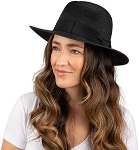 Women Fedora Sun Hat with Wide Brim—Foldable Roll-Up Straw Beach Hat UPF 50, Black, Large