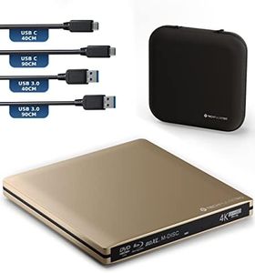 techPulse120 Unidad externa USB 3.1 Blu-ray DVD CD USB-C UHD 4k 3D M-DISC BDXL HDR10 128GB Unidad Grabadora Burner Superdrive BD Imperator Paquete Bolsa 90 cm Cable de conexión Aluminio Oro