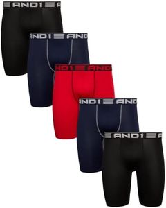 AND1 Men's Underwear Boxer Briefs - 5 Pack Performance Stretch Long Leg Compression Boxers for Men with Contour Pouch (S-3XL), Size Large, Black/Red/Navy Blue