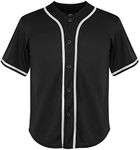 Youth Baseball Jersey Kids Button Down Short Sleeve Solid Color T-Shirt for School, PE, League Team Uniform (Black, S)