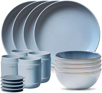 Corelle Stoneware 16-Pc Dinnerware Set, Handcrafted Artisanal Double Bead Plates, Meal Bowls, Bowls and Tumblers, Solid and Reactive Glazes, Dining Plate Set, Nordic Blue