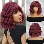 Esmee Short Wave Mixed Burgundy Bob Wigs With Bangs Shoulder Length Wig Curly Wavy Synthetic Cosplay Wigs for Women Use-12 Inches