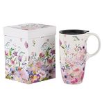 Topadorn Ceramic Mug with Lid Coffee Mug with Gift Box Latte Mug Coffee Cup,17oz.Pink Garden