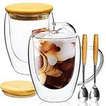 PARACITY Glass Coffee Mugs Set of 2 with Bamboo Lid/Spoon, Double Wall Insulated Clear Tea Cups 12 OZ with Hand for Cappuccino/Latte/Coffee, Borosilicate Glassware for Kitchen/Travel