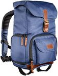 Mantona, Luis Junior Retro Camera Rucksack with Leather Trim, rain Cover,Organisation Compartment with Tablet Compartment, and Side Pockets for 1 DSLR Camera, 1-2 Lenses and Various Accessories,Blue