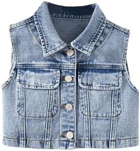 BEAUDRM Girl's Denim Jacket Vest Collar Neck Button Front Sleeveless Jean Jacket Outerwear with Pockets Summer Jacket Medium Wash 11Y