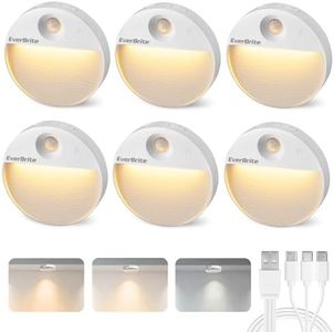 EverBrite Rechargeable Round Motion Sensor LED Night Light, Motion Activated LED Night Light with 3 Lighting Modes, Touch Control, 3 Color Temperatures & Dimmable, for Hallway, Bedroom, 6 Pack
