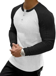 Muscle Cmdr Men's Ribbed Henley Shirt Slim Fit Muscle Shirt Fitted Cotton Long Sleeve Casual Summer T-Shirt White&Black S