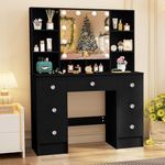 onesaimei Makeup Vanity with Mirror & Light, Vanity Desk with Storage Drawers, Multiple Shelves, White Vanity Table Without Stool for Women Girls, Black