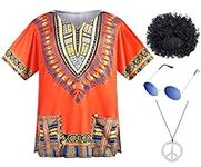 4 PCS Hippie Costume for Mens 60s 70s T-Shirt Afro Wig Accessories Set for Party Cosplay, Orange, Large