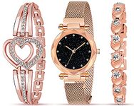 Acnos® Premium Brand Watch Analogue Diamond Black Dial Rose Gold Band Magnet Stainless Steel Watch with Gift Bracelet for Women Or Girls and Watch for Girl Or Women (Combo of 3)