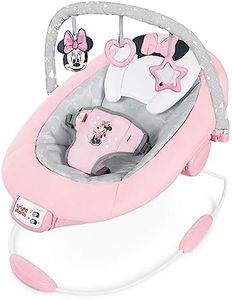 Bright Starts Disney Baby Minnie Mouse Comfy Baby Bouncer Soothing Vibrations Infant Seat - Music, Removable -Toy Bar, 0-6 Months Up to 20 lbs (Rosy Skies)