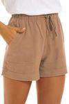 SMENG women's shorts Summer Solid Colour Workout Casual Drawstring Shorts Lounge culottes for women with Pockets Short Pants Khaki M