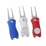 VORCOOL 3pcs All Metal Stainless Steel Foldable Golf Divot Repair Tool Ball Marker Golf Pitch Fork Putting Green Repair Kit Golfer Training Accessory