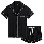 Amorbella Womens Comfy Jersey Knit Short Sleeve Button Up Pajama/Pj/Sleep Shorts Set(Black,Large)