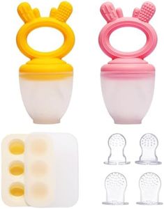 Baby Fruit Food Feeder Pacifier 2 Pack with Mini Freezer Tray, Breastmilk Popsicle Molds for Teething Relief, BPA Free Silicone Mesh Feeder for Safe Infant Self Feeding - Pink & Yellow