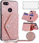 Asuwish Phone Case for Google Pixel 2XL Wallet Cover with Tempered Glass Screen Protector and Crossbody Strap Lanyard Bling Glitter Credit Card Holder Stand Cell Pixle 2 XL Pixel2XL Pixel2 LX Pink