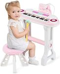 GYMAX 37 Keys Kids Piano, Children Toy Keyboard with Detachable Legs, Microphone, Music Score, Record & Playback, Mini Electronic Piano for Girls Boys (Pink Piano with H-leg +Stool, 48 x 17 x 58cm)