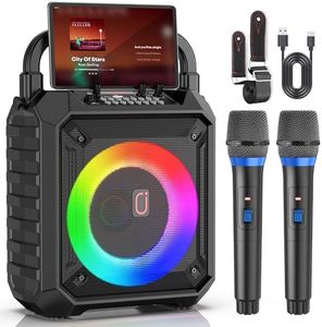 HWWR Karaoke Machine for Adults & Kids, Portable Bluetooth Karaoke Speaker with 2 Microphones & DJ Lights for Home Party Gathering, Karaoke Microphone Wireless PA System Supports USB/AUX-in/REC