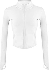 Yeokou Womens Active Zip Up Running Workout Cropped Bbl Athletic Jacket with Thumb Holes(White-XL)