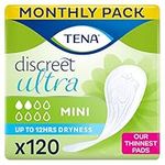 TENA Discreet Ultra Mini, Individually Wrapped, Women with Light to Medium Bladder Weakness, Incontinence and Unpredictable Drips, 120 Count (Pack of 1)