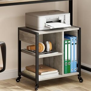 IDEALHOUSE Under Desk Printer Stand with Power Outlets and USB Charging Ports, Desktop Printer Table with Storage Shelf, 4 Tier Mobile Printer Stand with Wheels for Home Office, Rustic Gray