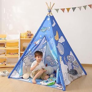 YiiMee Teepee Tent for Kids, Space Robot Theme Indoor and Portable Game Room Tent with Storage Bags for Boys, Girls, Toddler Tent, (Space Blue)