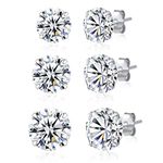 3 Pairs 925 Sterling Silver CZ Stud Earrings Set 6mm 7mm 8mm Cubic Zirconia Stud Earrings Men Women