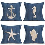 Hopyeer Blue Ocean Vintage Wood Plank Throw Pillow Covers Cotton Linen Decor Nautical Theme Boat Anchor Seahorse Sea Star Conch Pillowcase Sofa Couch Cushion Cover 18"x18" 4Pcs (BO-Ocean)