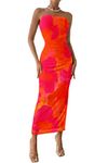 PRETTYGARDEN Women's Summer Maxi Bodycon Dresses Strapless Tube Top Printed Long Party Club Slit Dress (Orange Red Big Floral,XX-Large)