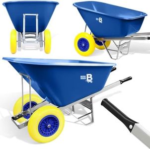 Equimed Garden Wheelbarrow - Extra Large Trolley with 200L Plastic Bucket, Puncture-Proof PU Wheels, Galvanised Frame (Blue/Yellow)