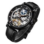 IK COLOURING Bestn Mens Luxury Skeleton Automatic Mechanical Wrist Analog Watches Leather Moon Phrase Luminous Hands Self-Wind Watch, Black, Black, Mechanical