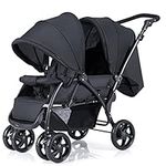 Maxmass Double Seat Baby Stroller, Folding Infant Pushchair with Adjustable Handlebar & Backrest, Storage Basket and Detachable Canopy, Travel Toddler Buggy for Shopping, Hanging Out (Black)