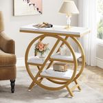 Tribesigns End Table for Living Room, 3-Tier Faux Marble Side Table with Storage, Wood Narrow Sofa Side Table with Geometric Metal Frame, Modern Nightstand and Bedside Table for Bedroom, Gold & White