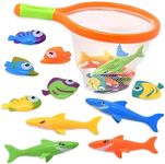 Toy Fishing Net for Bath | Bath Toys for Kids – Dive Game Small Sinking Fish, 4 Sharks & 6 Fish Multicolored