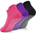 LIFPAU Yoga Socks with Grips for Women Non Slip Pilates Socks Anti Skid Grippy Ankle Athletic Socks 3 Pairs, 03 Rose Red,purple,black, 9-12